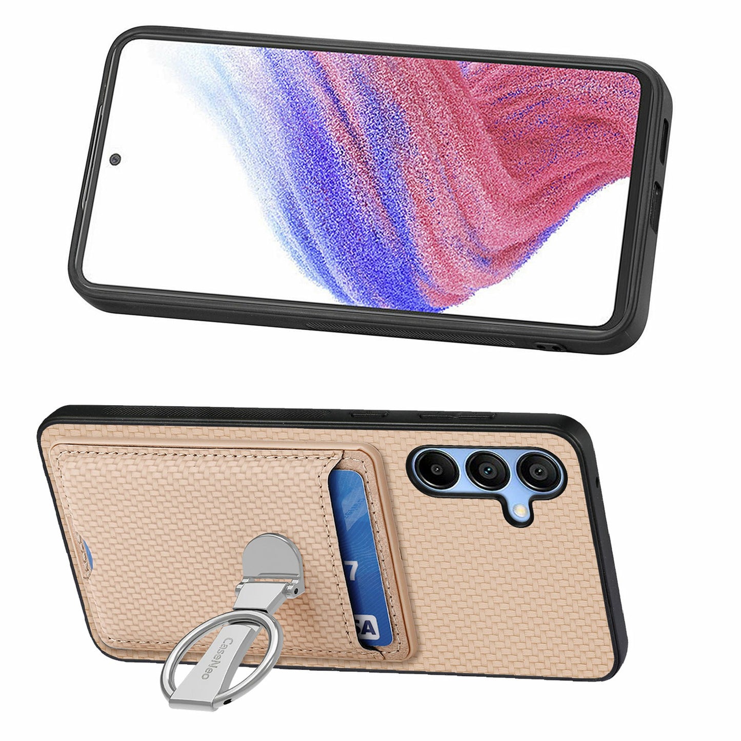 For Samsung Galaxy A16 4G / 5G Case Kickstand Leather Card Slots Back Cover Carbon Fiber Texture - Khaki