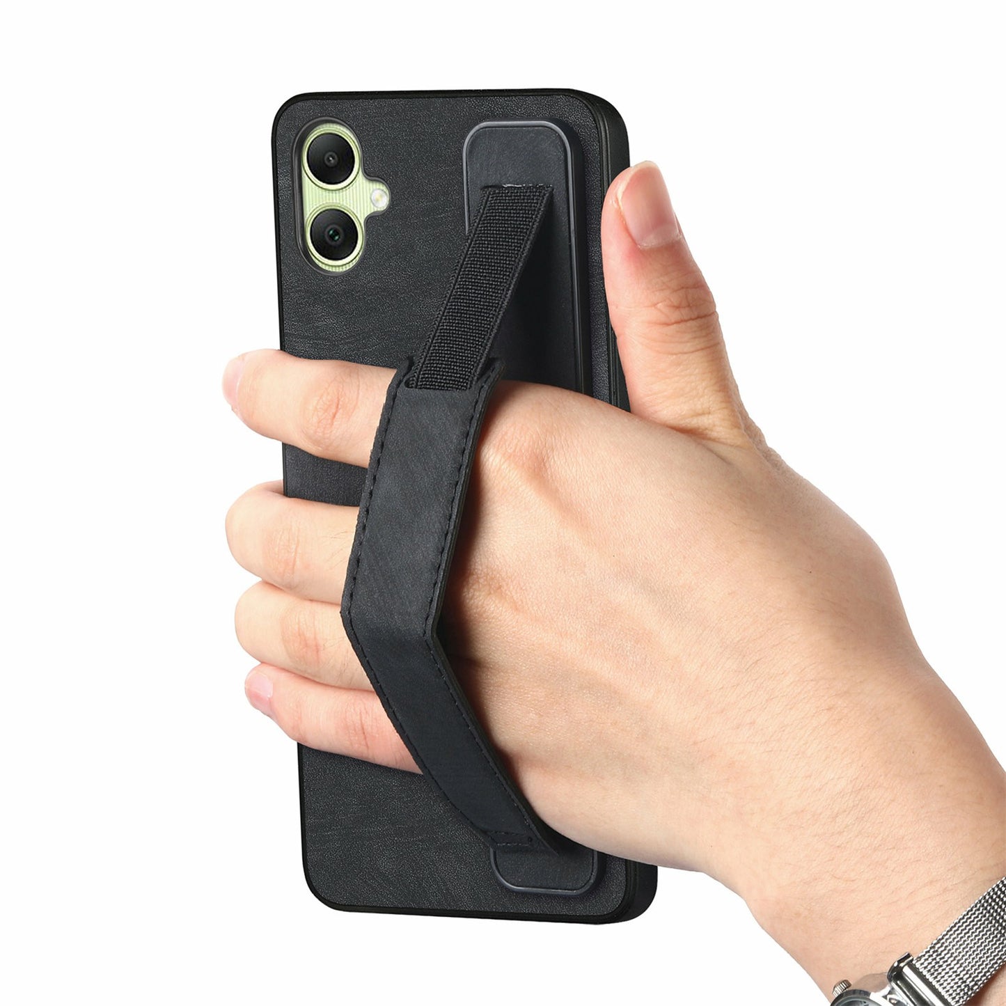 For Samsung Galaxy A06 Case Wristband Leather + TPU Phone Cover - Black