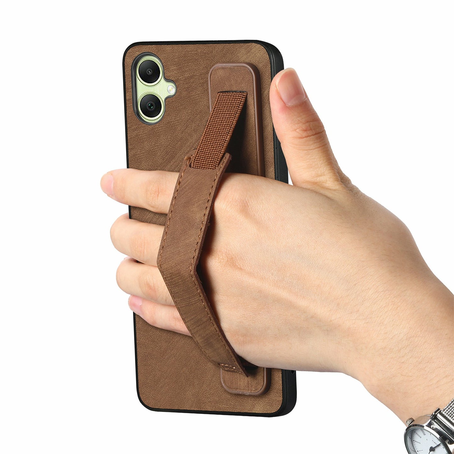 For Samsung Galaxy A06 Case Wristband Leather + TPU Phone Cover - Brown