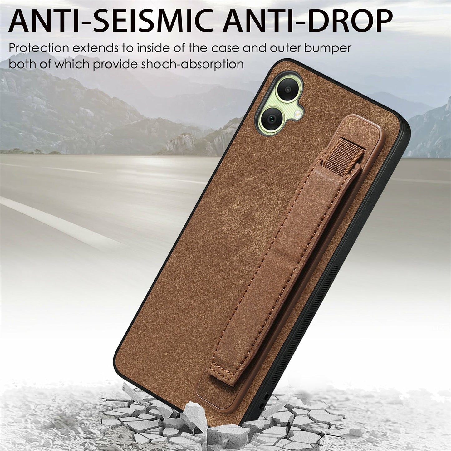For Samsung Galaxy A06 Case Wristband Leather + TPU Phone Cover - Brown