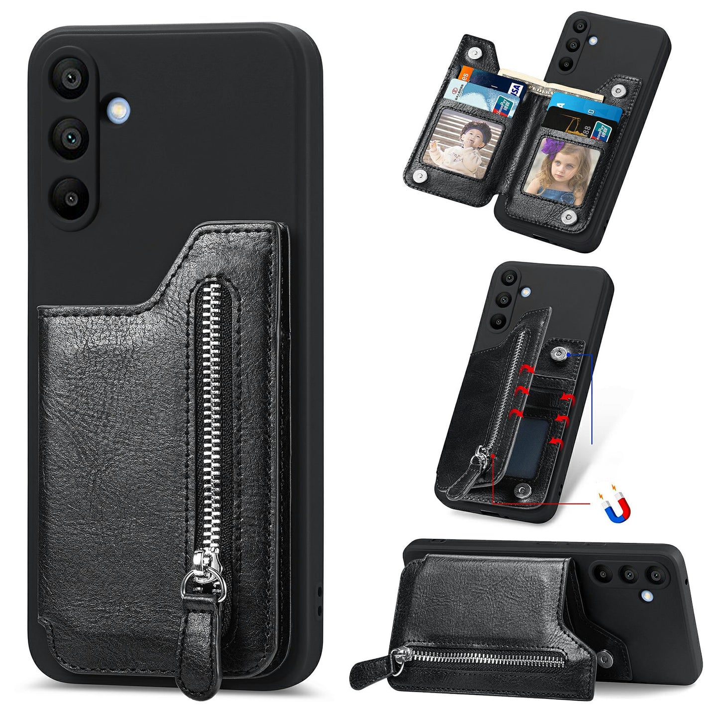 For Samsung Galaxy A16 4G / 5G Case PU Leather+TPU Phone Cover with Zipper Pocket Wallet - Black