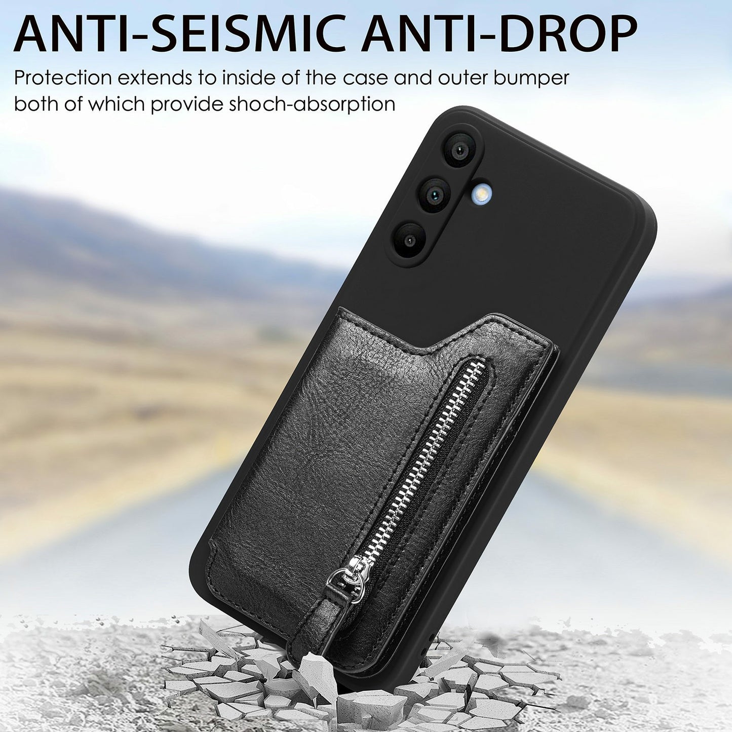 For Samsung Galaxy A16 4G / 5G Case PU Leather+TPU Phone Cover with Zipper Pocket Wallet - Black