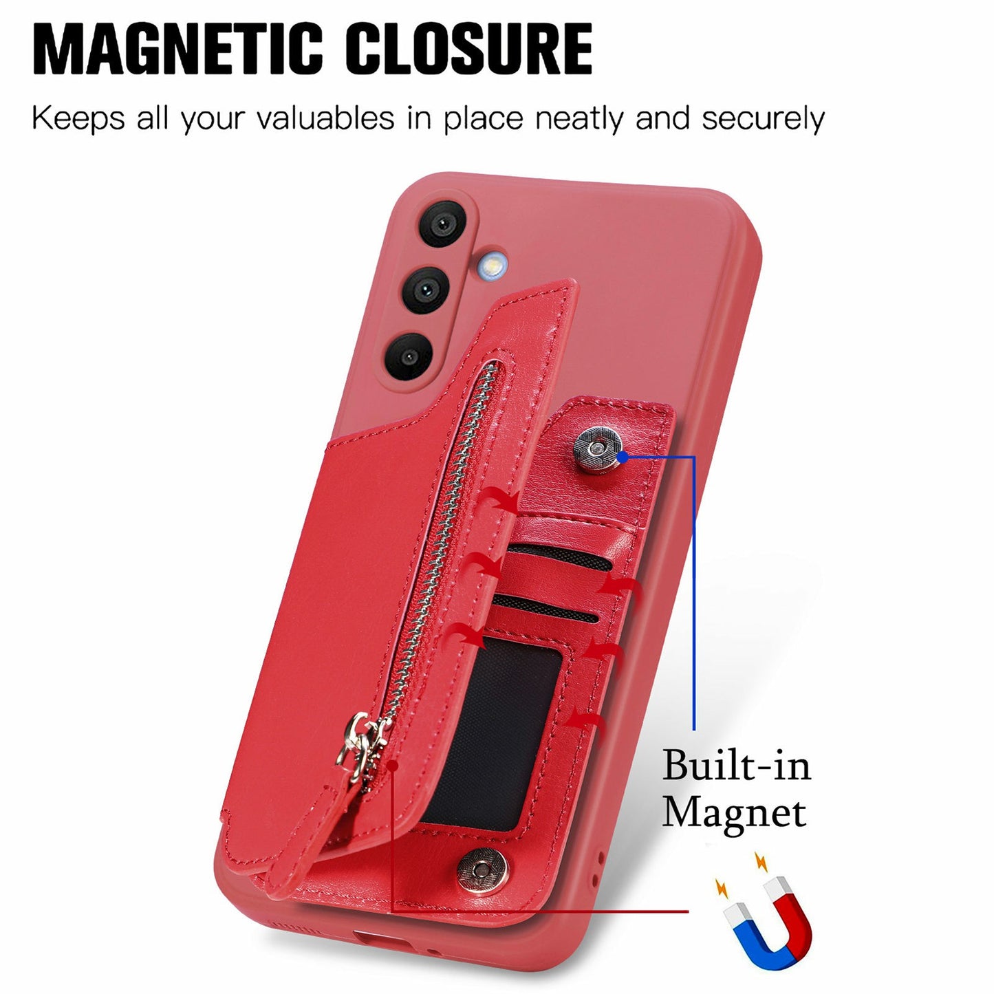 For Samsung Galaxy A16 4G / 5G Case PU Leather+TPU Phone Cover with Zipper Pocket Wallet - Red