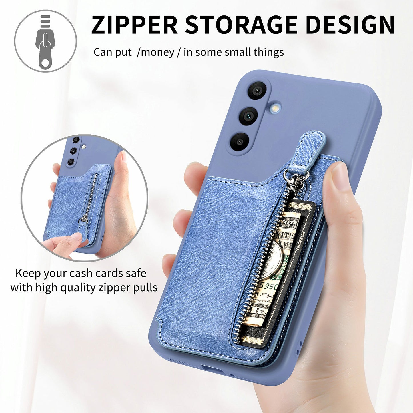 For Samsung Galaxy A16 4G / 5G Case PU Leather+TPU Phone Cover with Zipper Pocket Wallet - Blue
