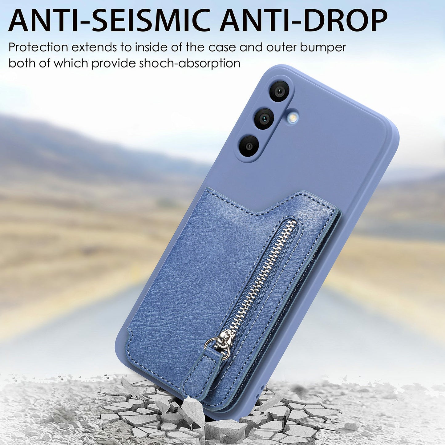 For Samsung Galaxy A16 4G / 5G Case PU Leather+TPU Phone Cover with Zipper Pocket Wallet - Blue