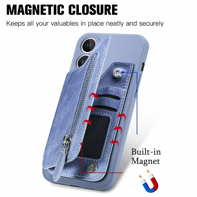 For iPhone 16 Case PU Leather+TPU Phone Cover with Zipper Pocket Wallet - Black