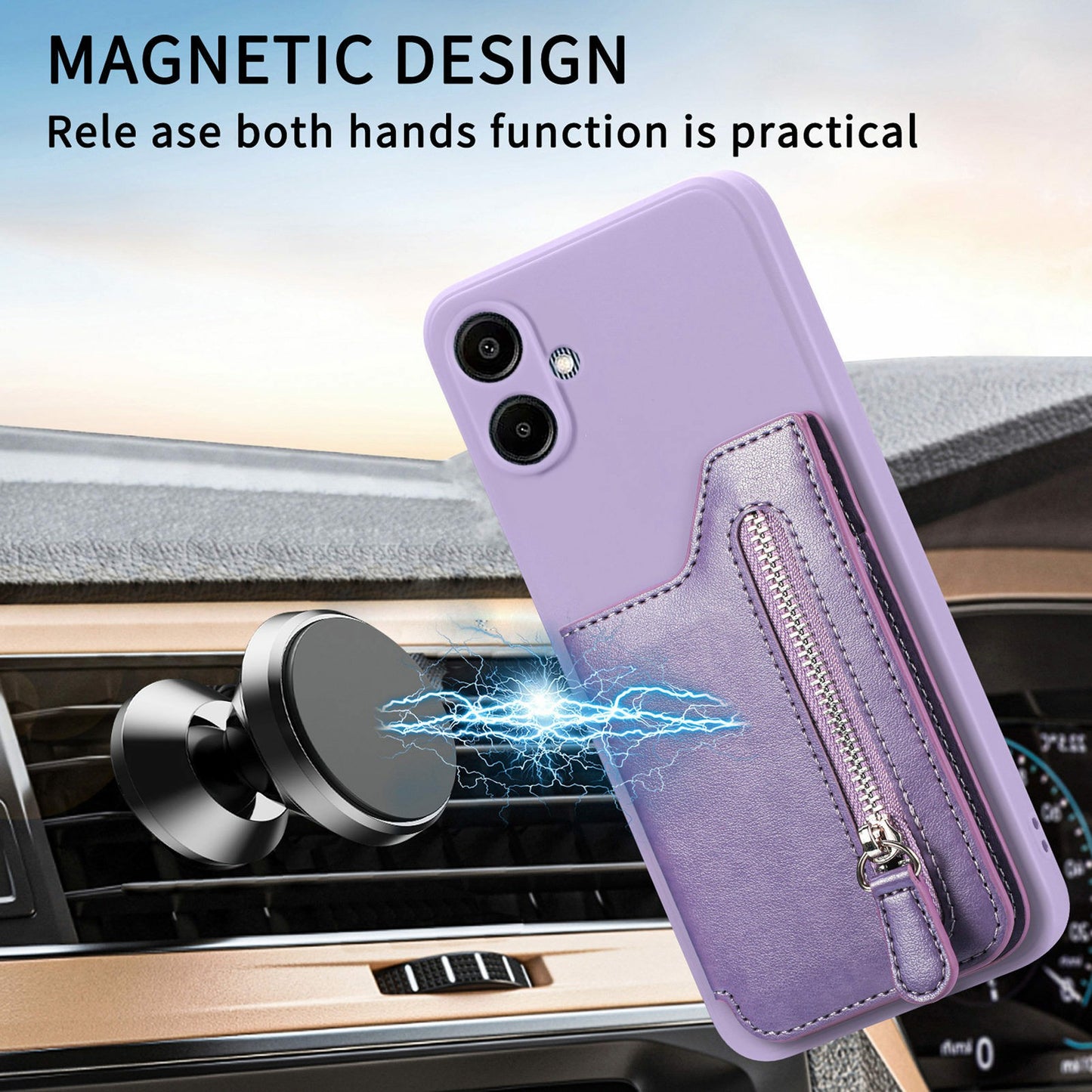 For Samsung Galaxy A06 Case PU Leather+TPU Phone Cover with Zipper Pocket Wallet - Purple
