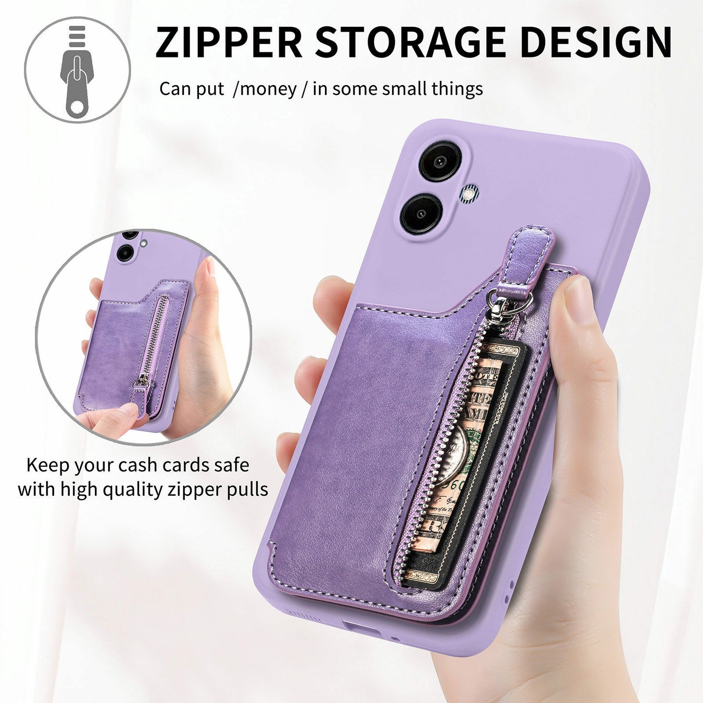 For Samsung Galaxy A06 Case PU Leather+TPU Phone Cover with Zipper Pocket Wallet - Purple