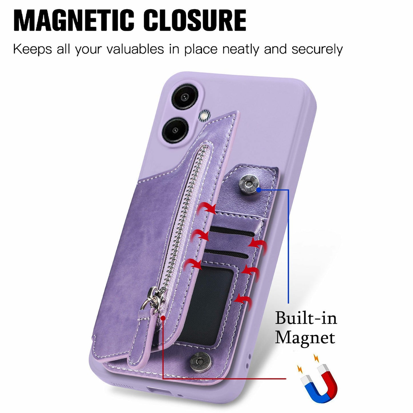 For Samsung Galaxy A06 Case PU Leather+TPU Phone Cover with Zipper Pocket Wallet - Purple