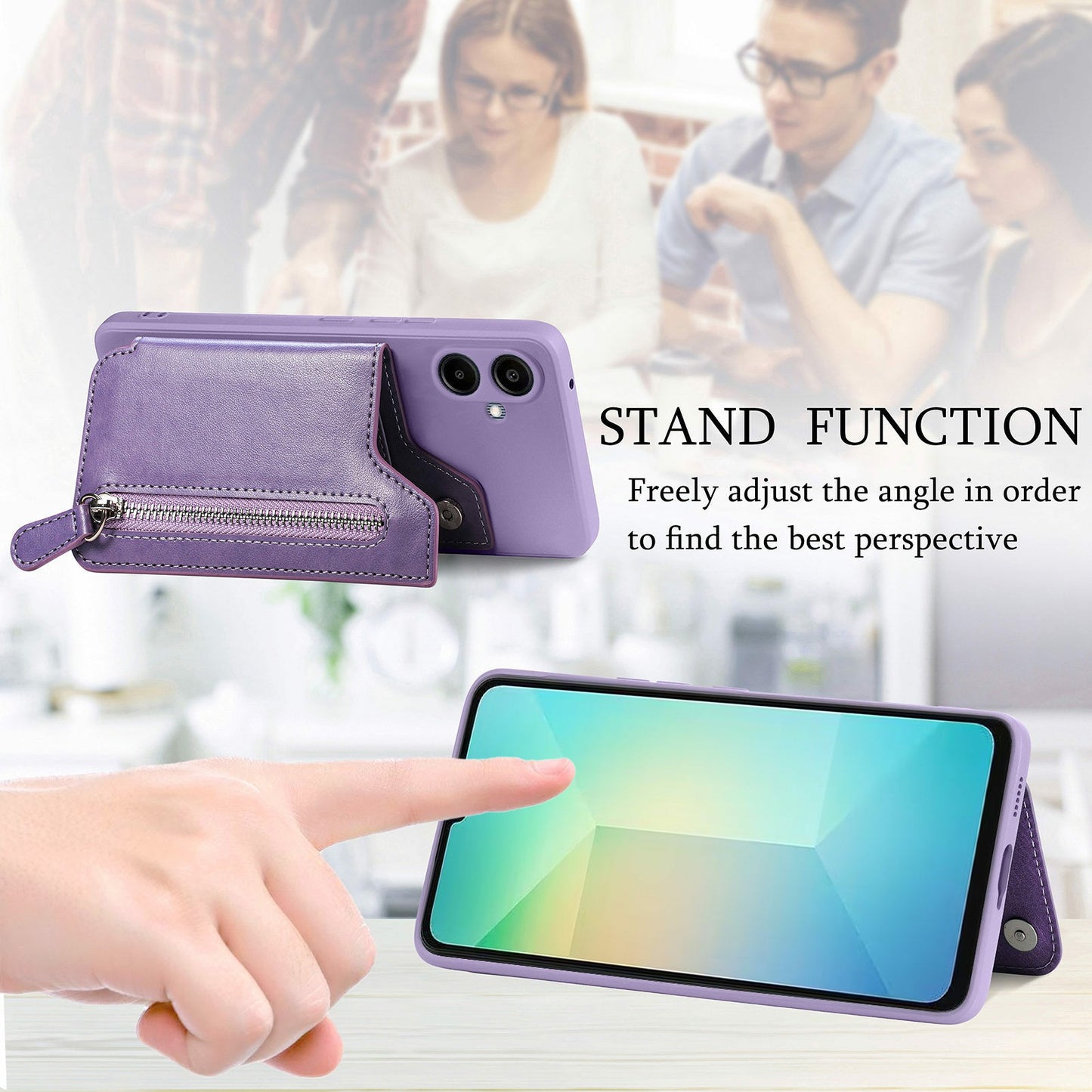 For Samsung Galaxy A06 Case PU Leather+TPU Phone Cover with Zipper Pocket Wallet - Purple