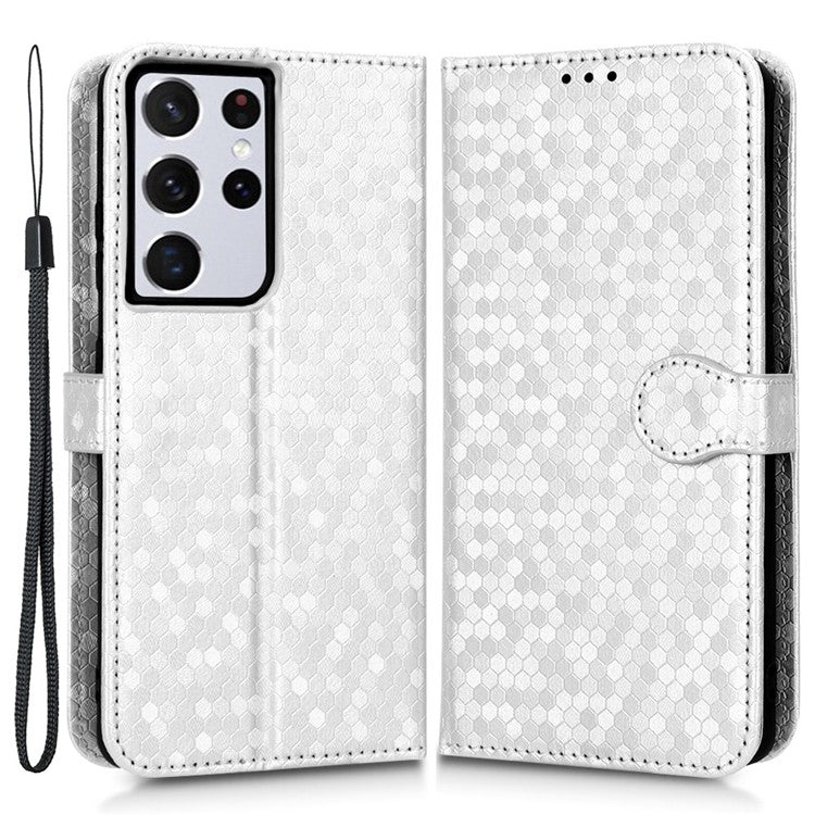 Anti-drop Phone Case For Samsung Galaxy S21 Ultra 5G, Dot Pattern Imprinted PU Leather Magnetic Clasp Flip Wallet Stand Phone Cover with Strap - Silver