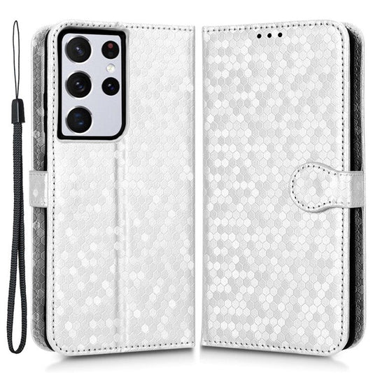 Anti-drop Phone Case For Samsung Galaxy S21 Ultra 5G, Dot Pattern Imprinted PU Leather Magnetic Clasp Flip Wallet Stand Phone Cover with Strap - Silver