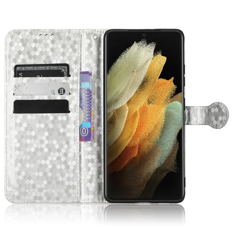 Anti-drop Phone Case For Samsung Galaxy S21 Ultra 5G, Dot Pattern Imprinted PU Leather Magnetic Clasp Flip Wallet Stand Phone Cover with Strap - Silver