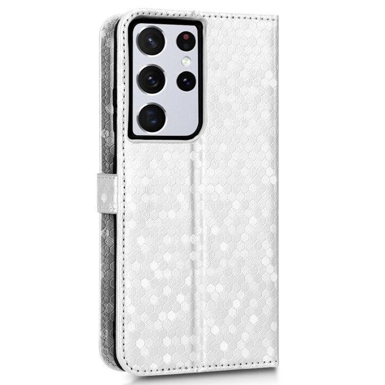Anti-drop Phone Case For Samsung Galaxy S21 Ultra 5G, Dot Pattern Imprinted PU Leather Magnetic Clasp Flip Wallet Stand Phone Cover with Strap - Silver