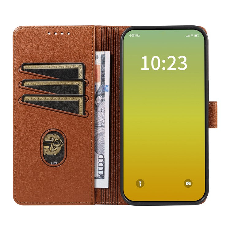 For iPhone 16 Pro Leather Case Litchi Texture RFID Blocking Wallet Stand Phone Cover - Brown