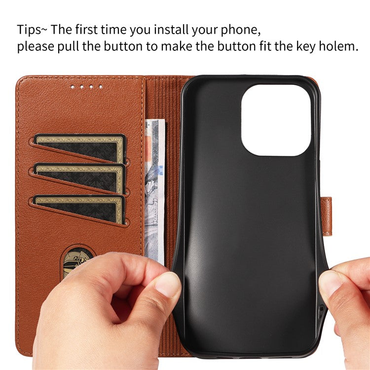For iPhone 16 Pro Leather Case Litchi Texture RFID Blocking Wallet Stand Phone Cover - Brown