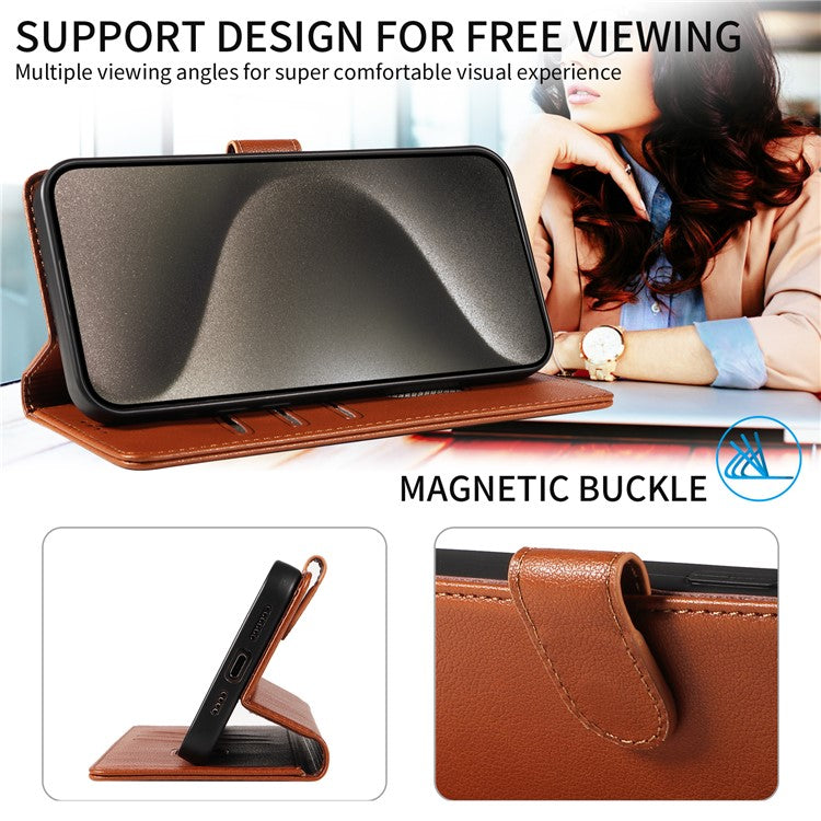 For iPhone 16 Pro Leather Case Litchi Texture RFID Blocking Wallet Stand Phone Cover - Brown