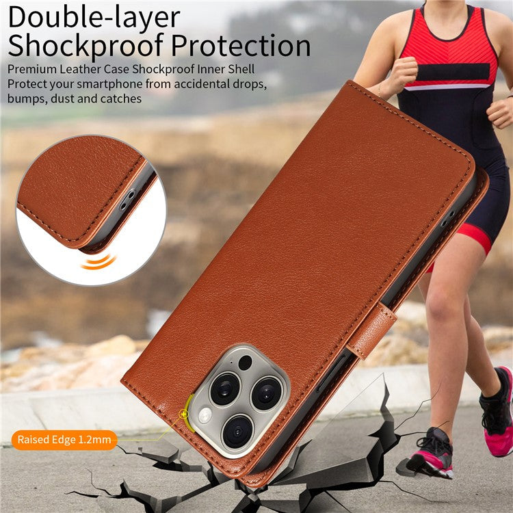 For iPhone 16 Pro Leather Case Litchi Texture RFID Blocking Wallet Stand Phone Cover - Brown
