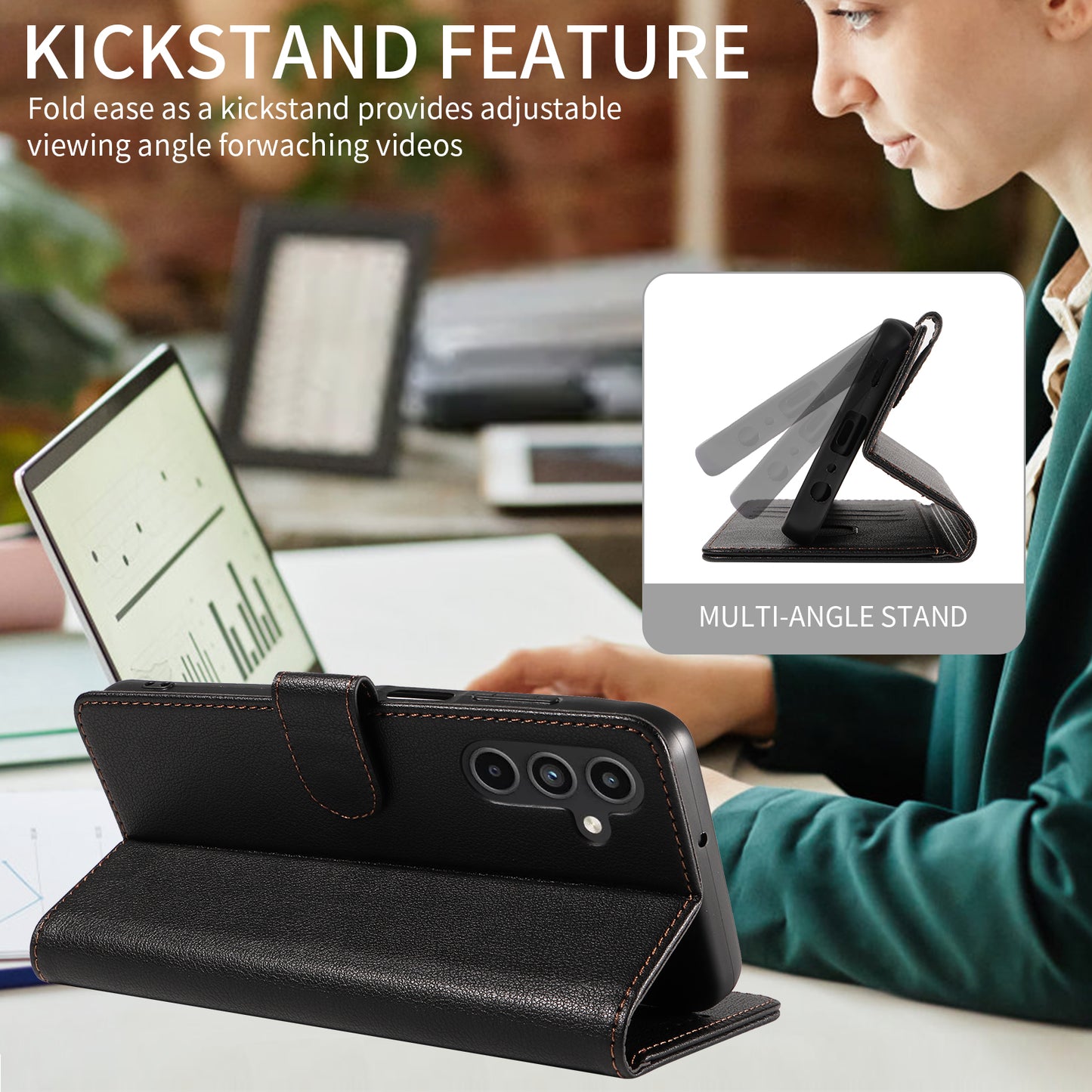 For Samsung Galaxy A16 4G  /  A16 5G Leather Case Litchi Texture RFID Blocking Wallet Stand Phone Cover - Black