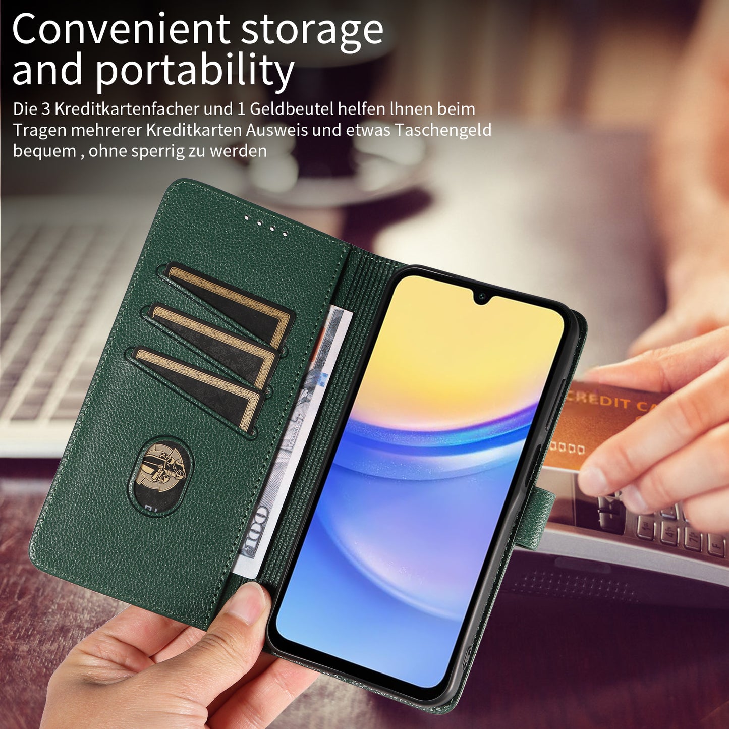 For Samsung Galaxy A16 4G  /  A16 5G Leather Case Litchi Texture RFID Blocking Wallet Stand Phone Cover - Green