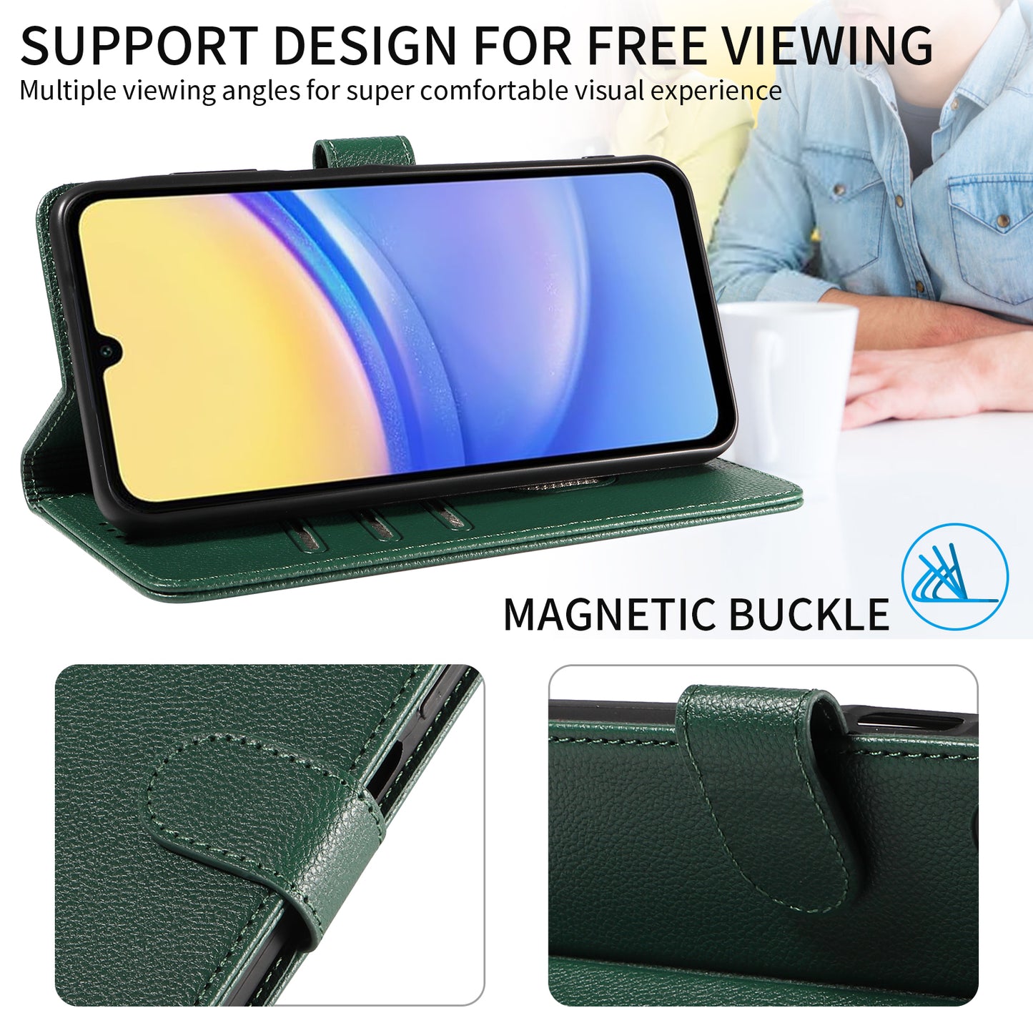 For Samsung Galaxy A16 4G  /  A16 5G Leather Case Litchi Texture RFID Blocking Wallet Stand Phone Cover - Green