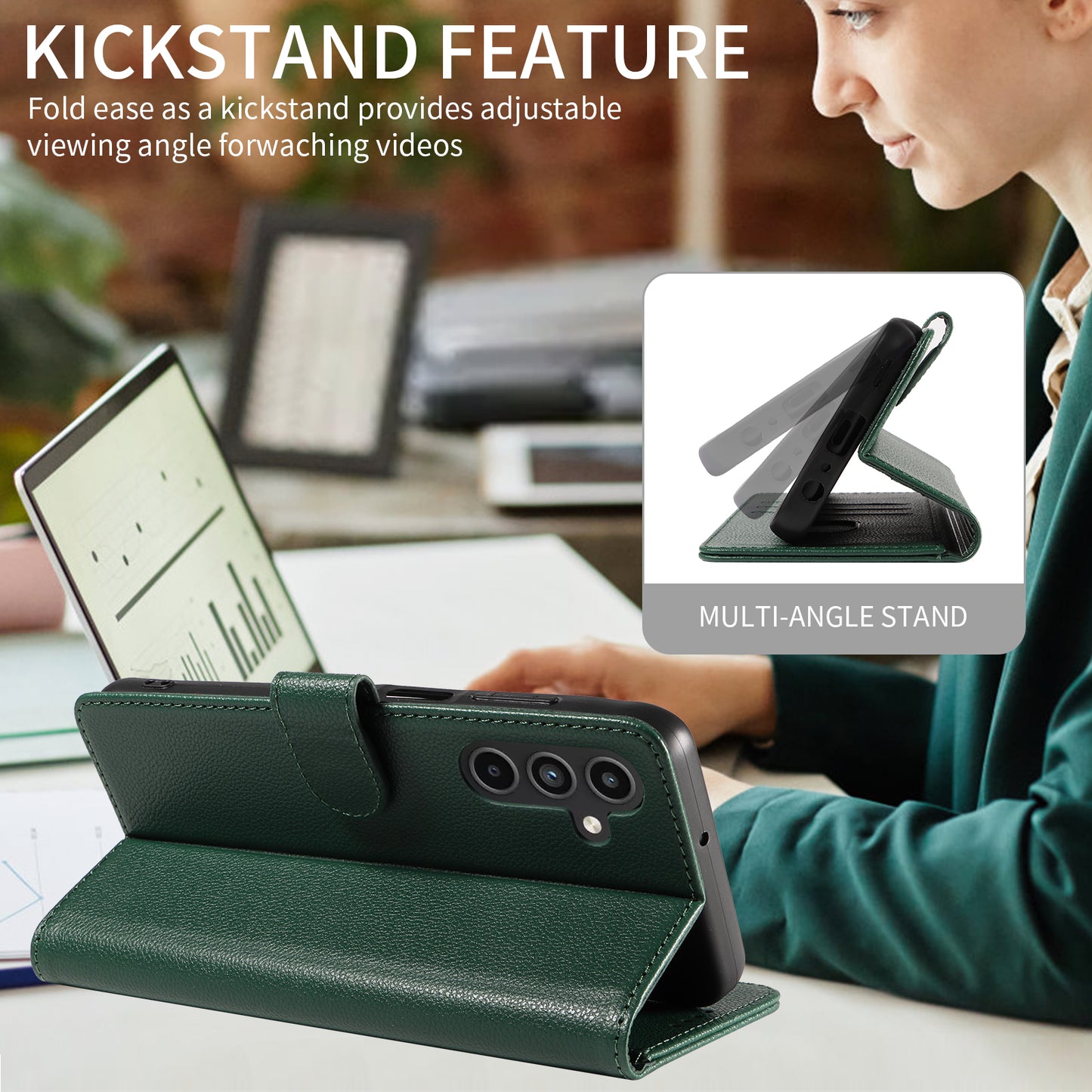 For Samsung Galaxy A16 4G  /  A16 5G Leather Case Litchi Texture RFID Blocking Wallet Stand Phone Cover - Green