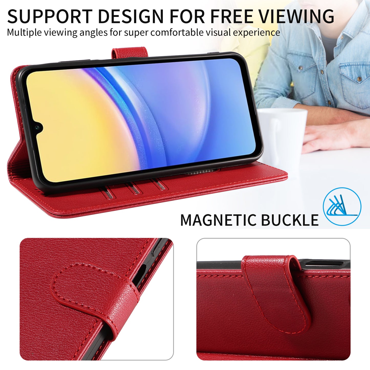For Samsung Galaxy A16 4G  /  A16 5G Leather Case Litchi Texture RFID Blocking Wallet Stand Phone Cover - Wine Red