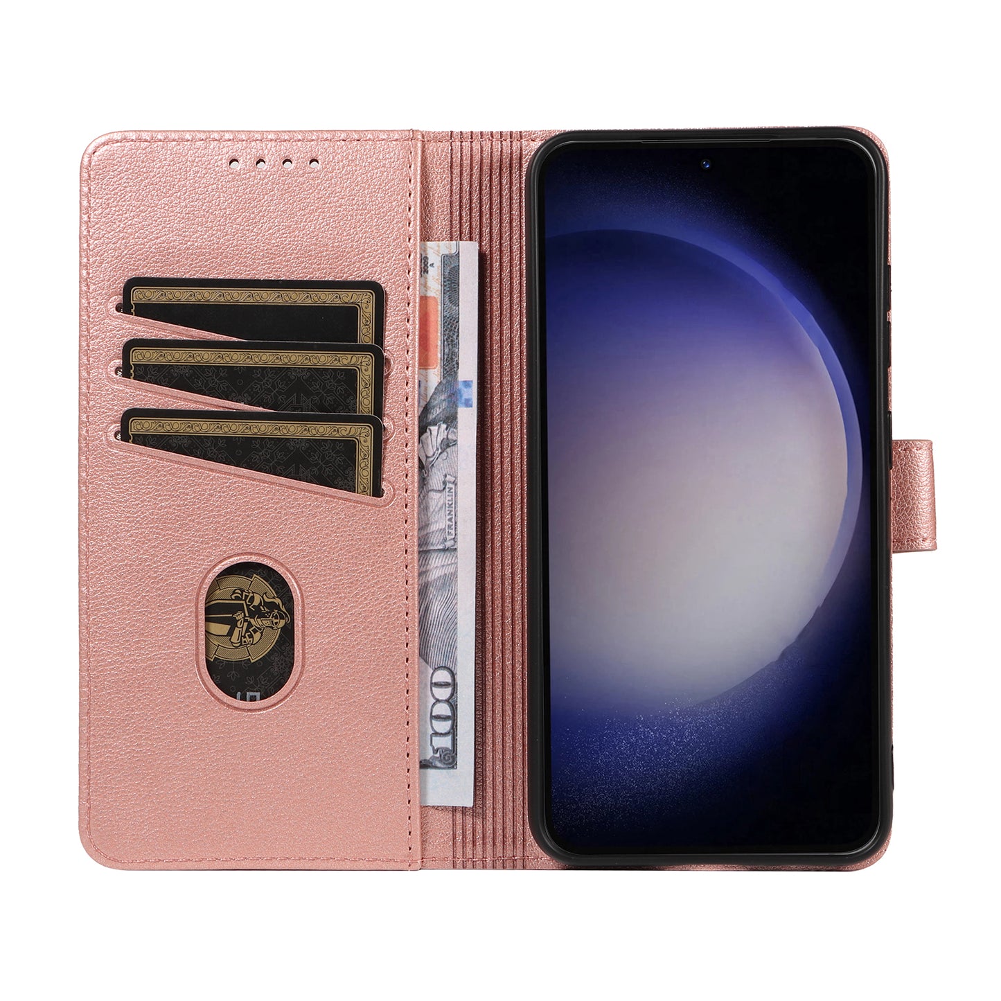 For Samsung Galaxy A16 4G  /  A16 5G Leather Case Litchi Texture RFID Blocking Wallet Stand Phone Cover - Rose Gold