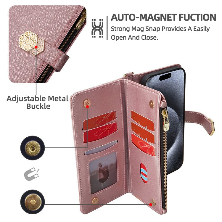 For iPhone 16 Plus Case Cross Texture PU Leather+TPU Wallet Phone Cover with Strap - Rose Gold
