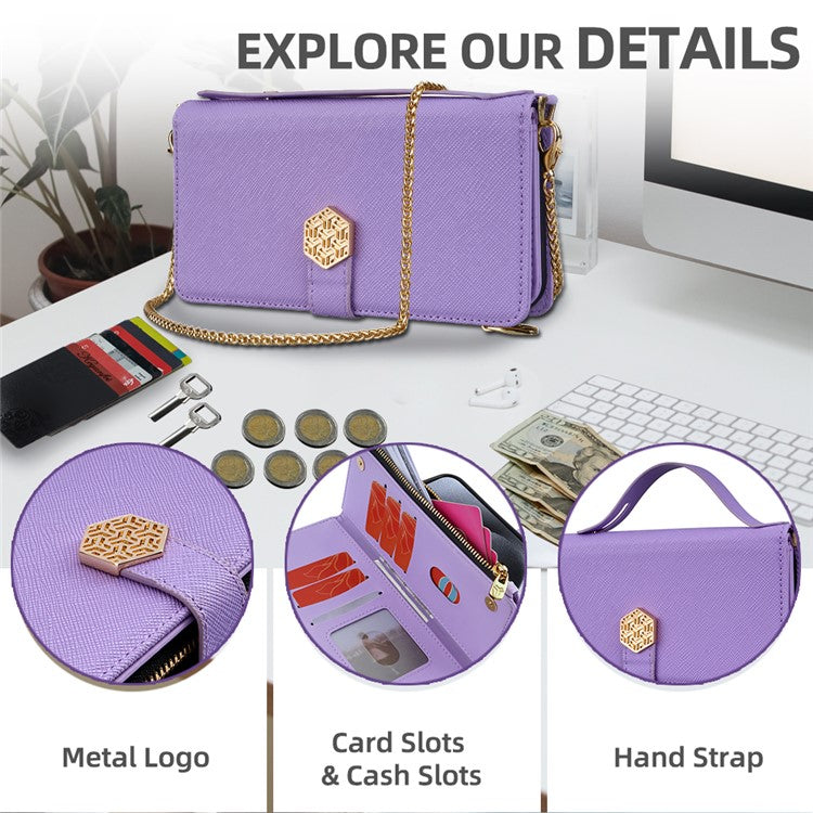 For iPhone 16 Plus Case Cross Texture PU Leather+TPU Wallet Phone Cover with Strap - Purple