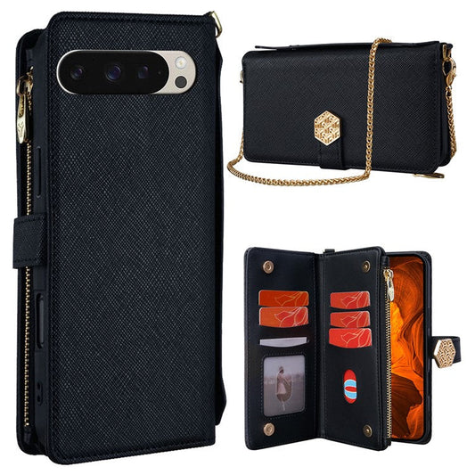 For Google Pixel 9 / 9 Pro Case Cross Texture PU Leather+TPU Wallet Phone Cover with Strap - Black