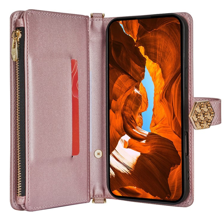 For Google Pixel 9 / 9 Pro Case Cross Texture PU Leather+TPU Wallet Phone Cover with Strap - Rose Gold