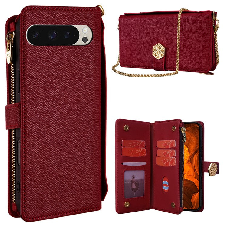 For Google Pixel 9 / 9 Pro Case Cross Texture PU Leather+TPU Wallet Phone Cover with Strap - Red