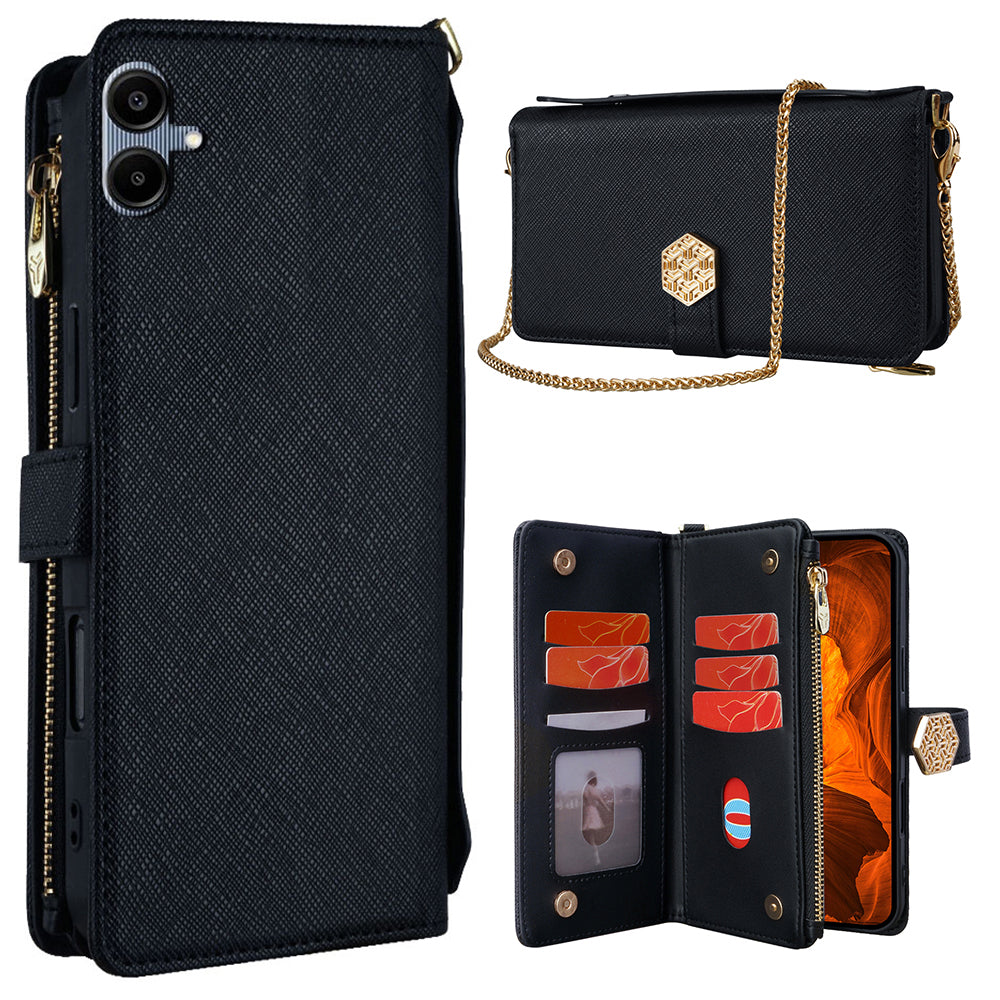 For Samsung Galaxy A06 Case Cross Texture PU Leather+TPU Wallet Phone Cover with Strap - Black