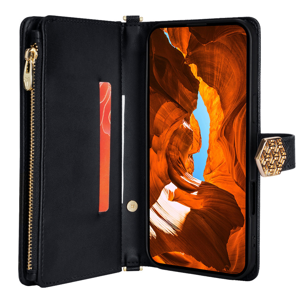 For Samsung Galaxy A06 Case Cross Texture PU Leather+TPU Wallet Phone Cover with Strap - Black