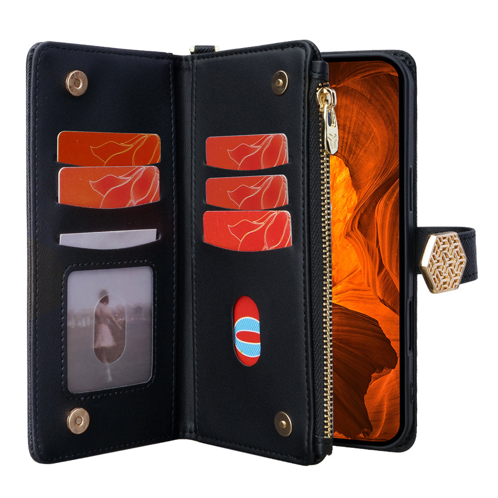For Samsung Galaxy A06 Case Cross Texture PU Leather+TPU Wallet Phone Cover with Strap - Black