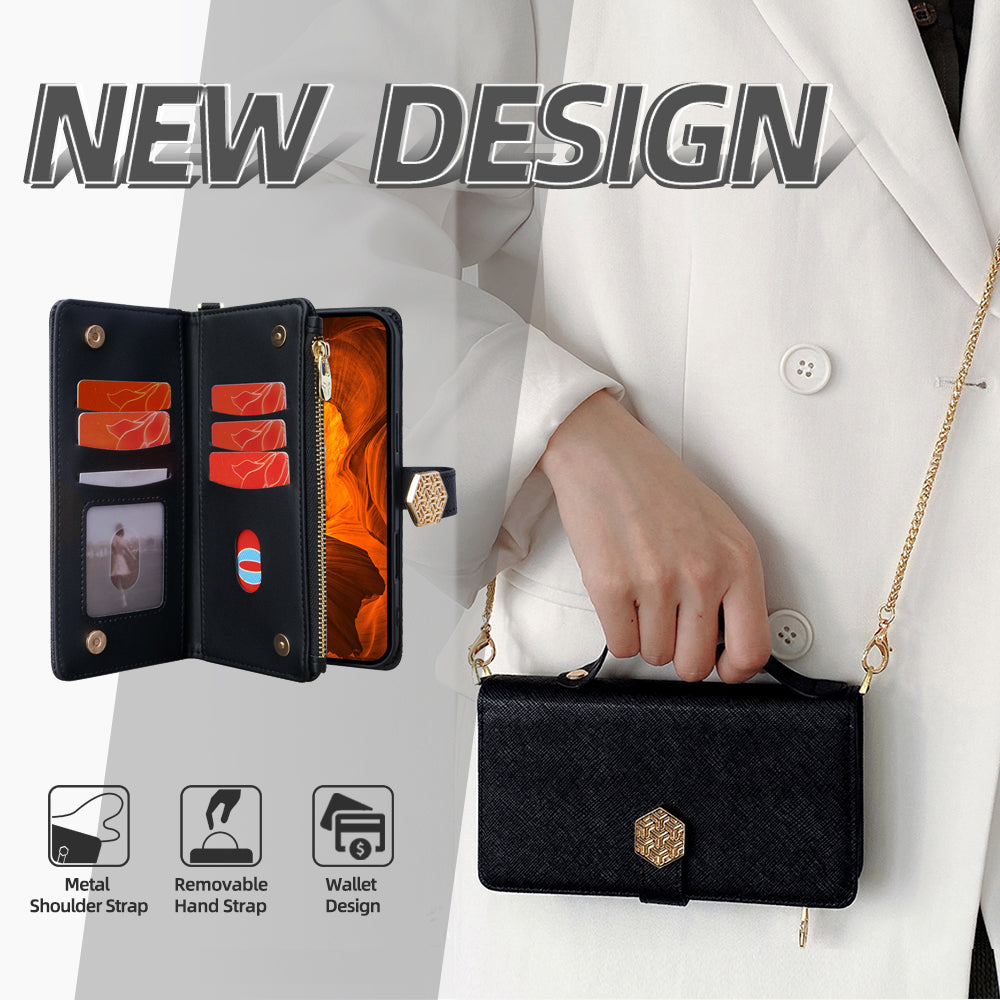 For Samsung Galaxy A06 Case Cross Texture PU Leather+TPU Wallet Phone Cover with Strap - Black