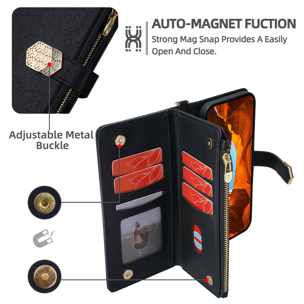 For Samsung Galaxy A06 Case Cross Texture PU Leather+TPU Wallet Phone Cover with Strap - Black