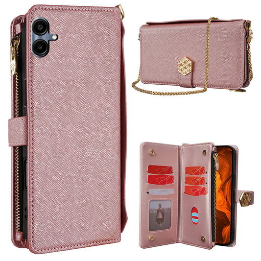 For Samsung Galaxy A06 Case Cross Texture PU Leather+TPU Wallet Phone Cover with Strap - Rose Gold