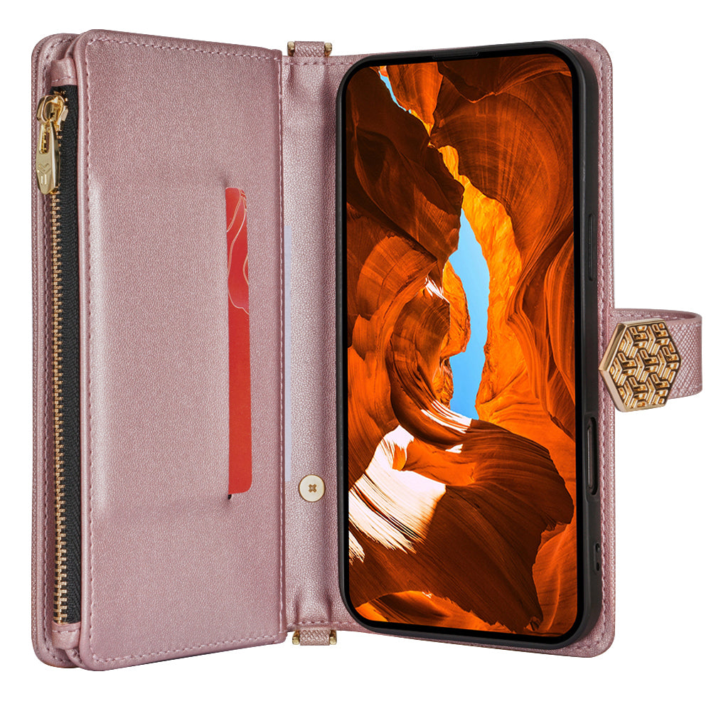 For Samsung Galaxy A06 Case Cross Texture PU Leather+TPU Wallet Phone Cover with Strap - Rose Gold