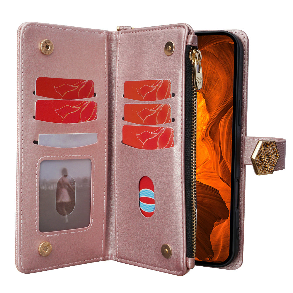 For Samsung Galaxy A06 Case Cross Texture PU Leather+TPU Wallet Phone Cover with Strap - Rose Gold