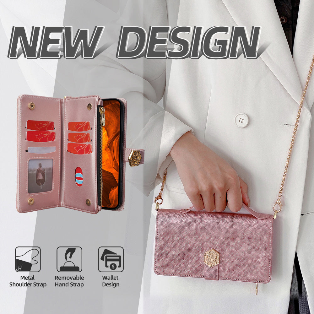For Samsung Galaxy A06 Case Cross Texture PU Leather+TPU Wallet Phone Cover with Strap - Rose Gold
