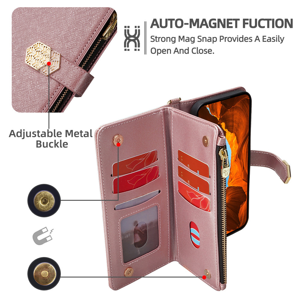 For Samsung Galaxy A06 Case Cross Texture PU Leather+TPU Wallet Phone Cover with Strap - Rose Gold