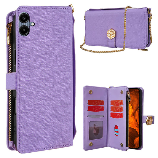 For Samsung Galaxy A06 Case Cross Texture PU Leather+TPU Wallet Phone Cover with Strap - Purple