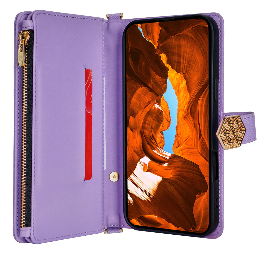 For Samsung Galaxy A06 Case Cross Texture PU Leather+TPU Wallet Phone Cover with Strap - Purple