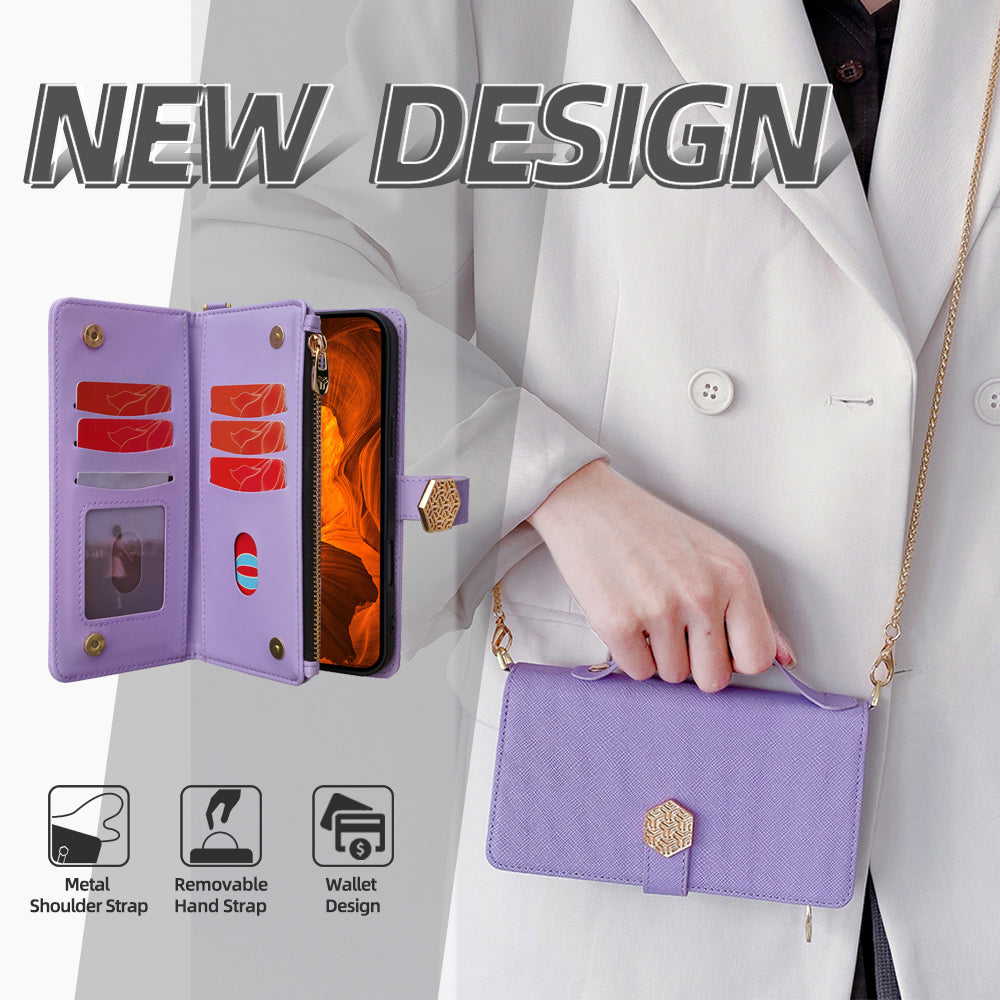 For Samsung Galaxy A06 Case Cross Texture PU Leather+TPU Wallet Phone Cover with Strap - Purple