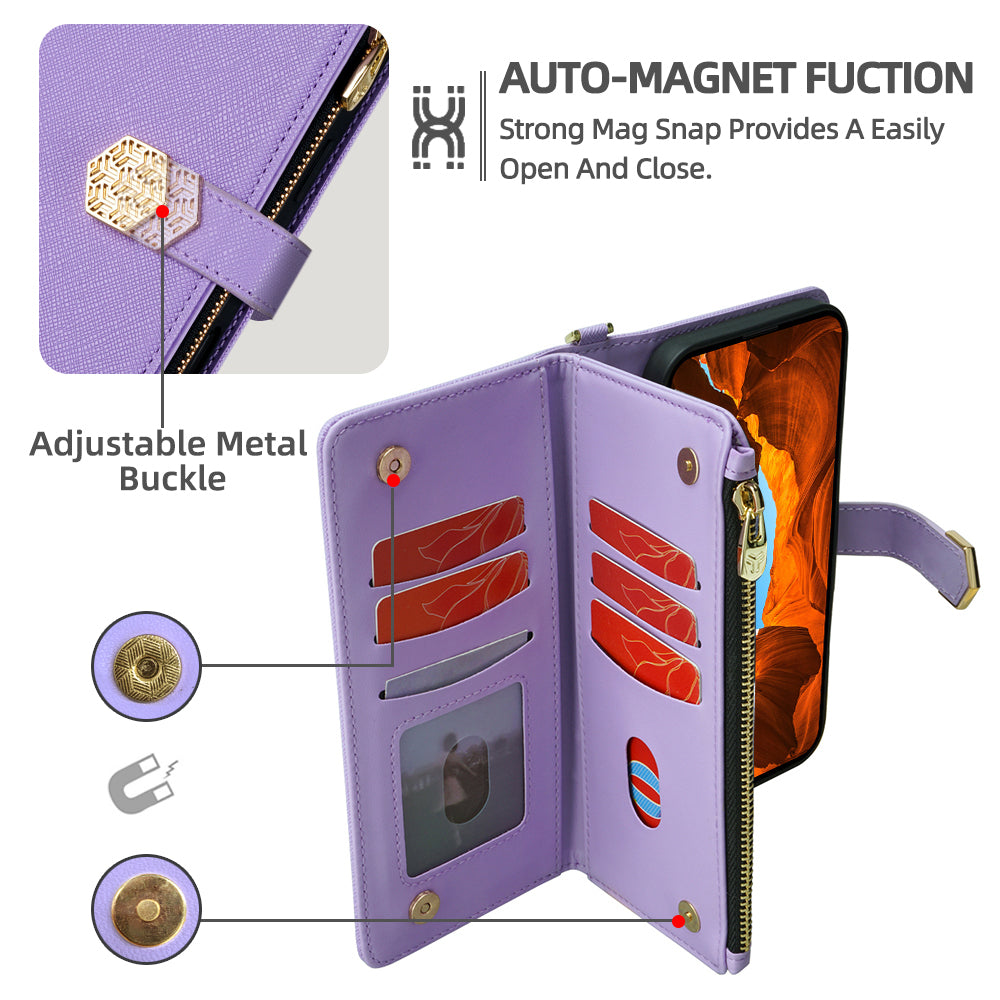 For Samsung Galaxy A06 Case Cross Texture PU Leather+TPU Wallet Phone Cover with Strap - Purple