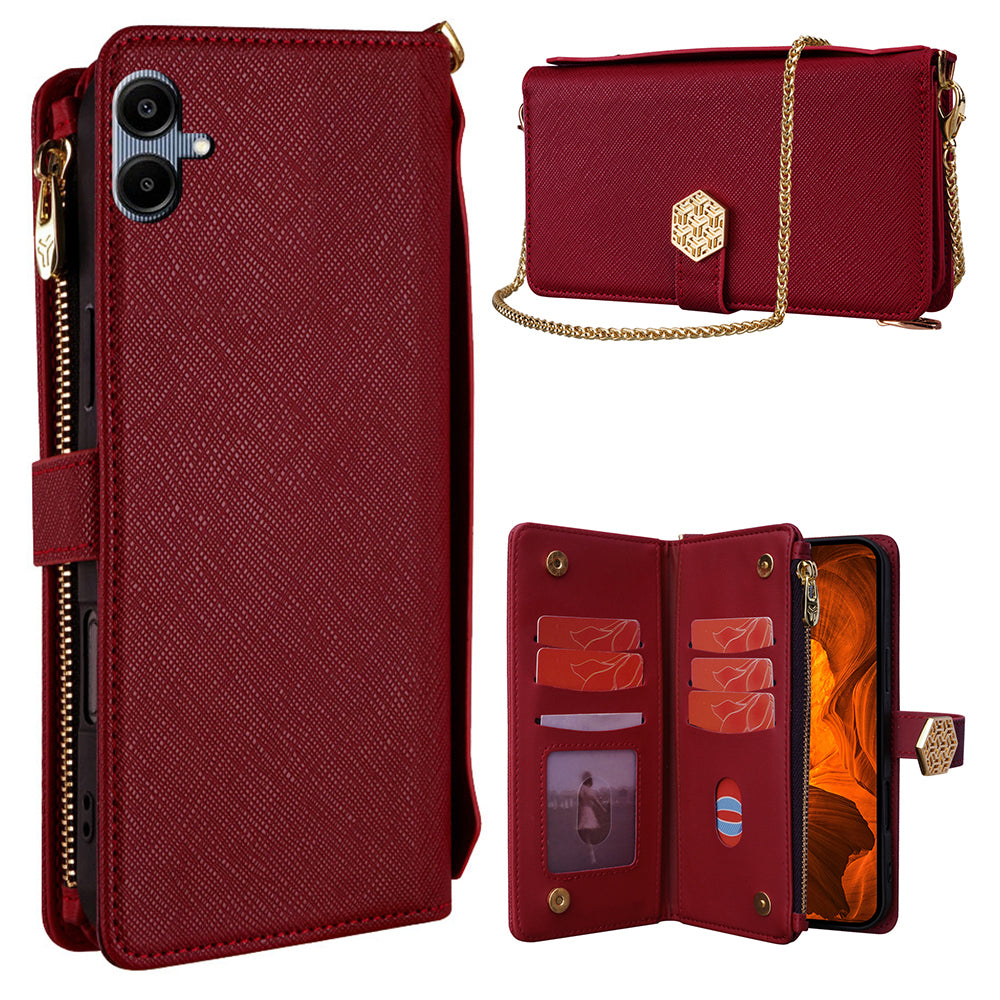 For Samsung Galaxy A06 Case Cross Texture PU Leather+TPU Wallet Phone Cover with Strap - Red
