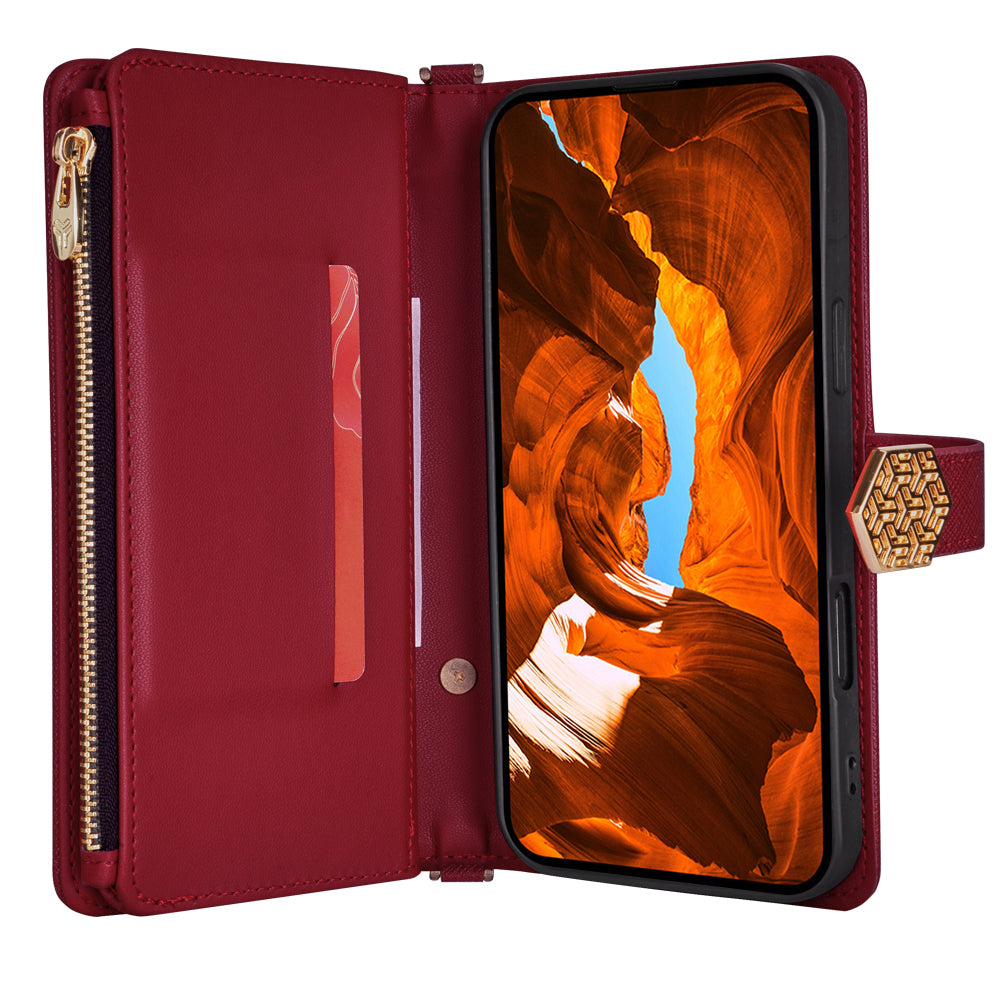 For Samsung Galaxy A06 Case Cross Texture PU Leather+TPU Wallet Phone Cover with Strap - Red