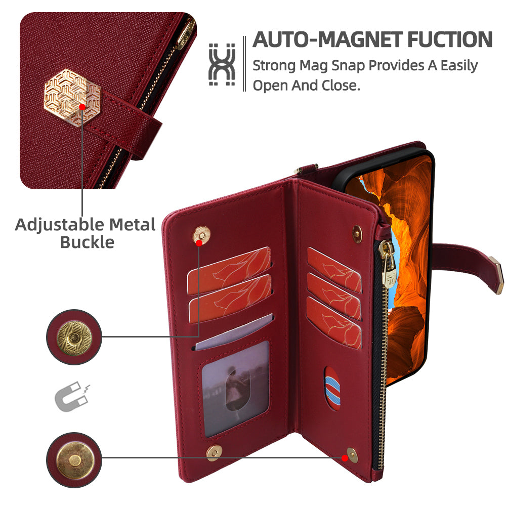 For Samsung Galaxy A06 Case Cross Texture PU Leather+TPU Wallet Phone Cover with Strap - Red